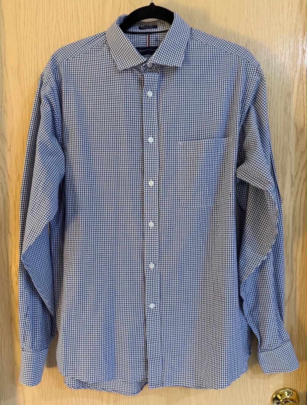 Tommy Hilfiger Men’s Large Blue White Gingham Regular Fit Stretch Shirt